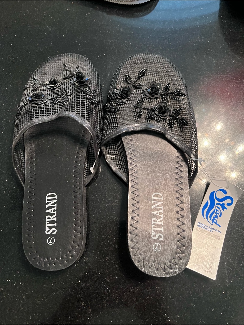Strand Women's Black Sequin Floral Embellished Slide Slippers